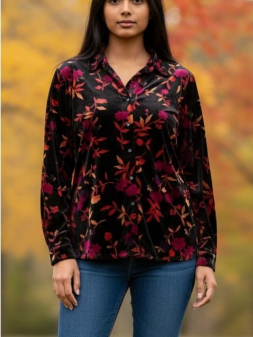 COLDWATER CREEK Fall Black Pink Orange Velvet Holiday Shirt Jacket Womens M